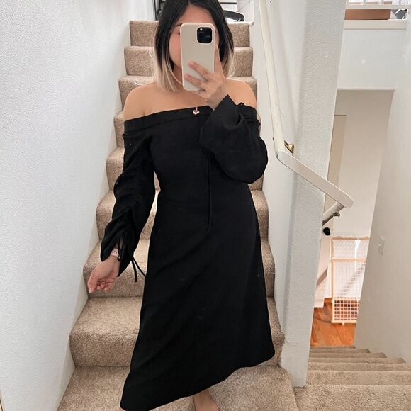 NWT TIBI Black Crepe Off The Shoulder Ruched Sleeves Midi Dress US 2‌‌‌‌‌‌‌‌‌‌‍‍ - Picture 1 of 13